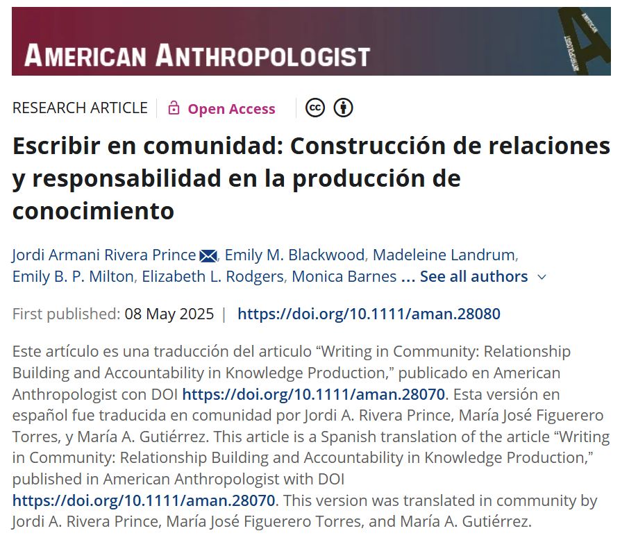Imagen de la portada de un articulo publiado en American Athropologist y titulado, "Escribir en comunidad: Construcción de relaciones y responsabilidad en la producción de conocimiento" junto con nombre de les autores y datos de traducción