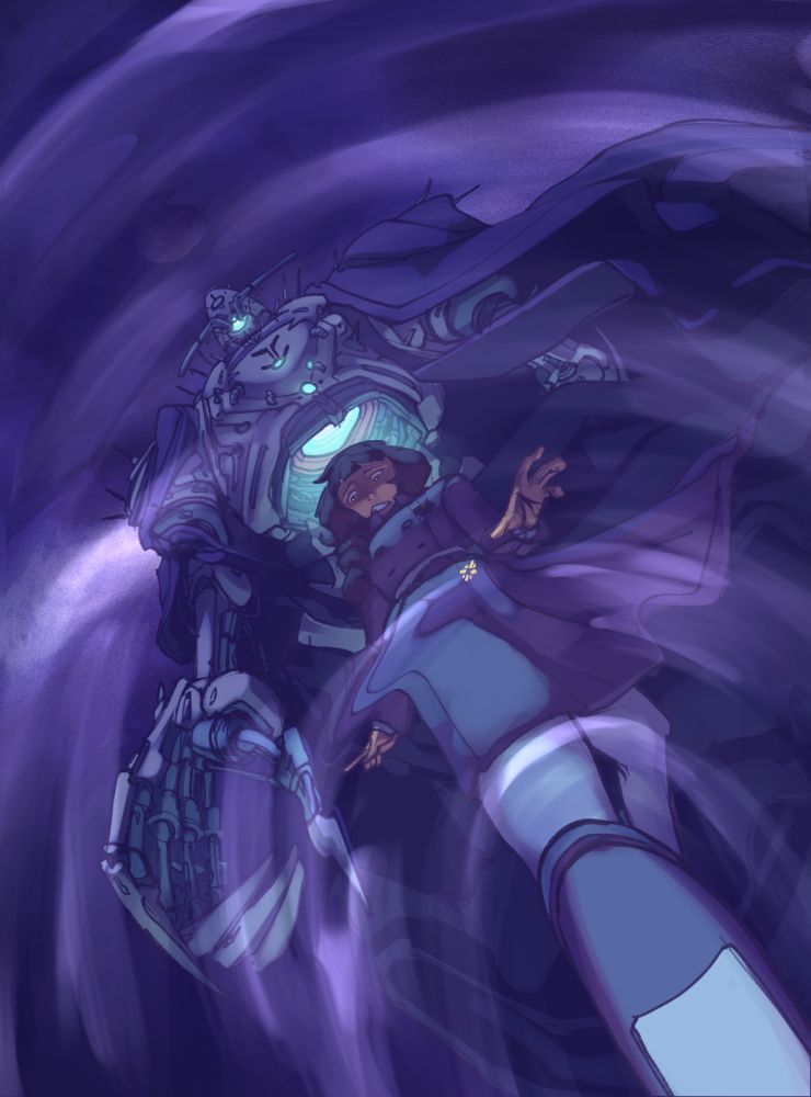 Kekiiro's oc Fiammetta looking at her reflection, walking on water as her LICH mech looms over her. And a funny little nhp floats above them. Dont worry about that.
