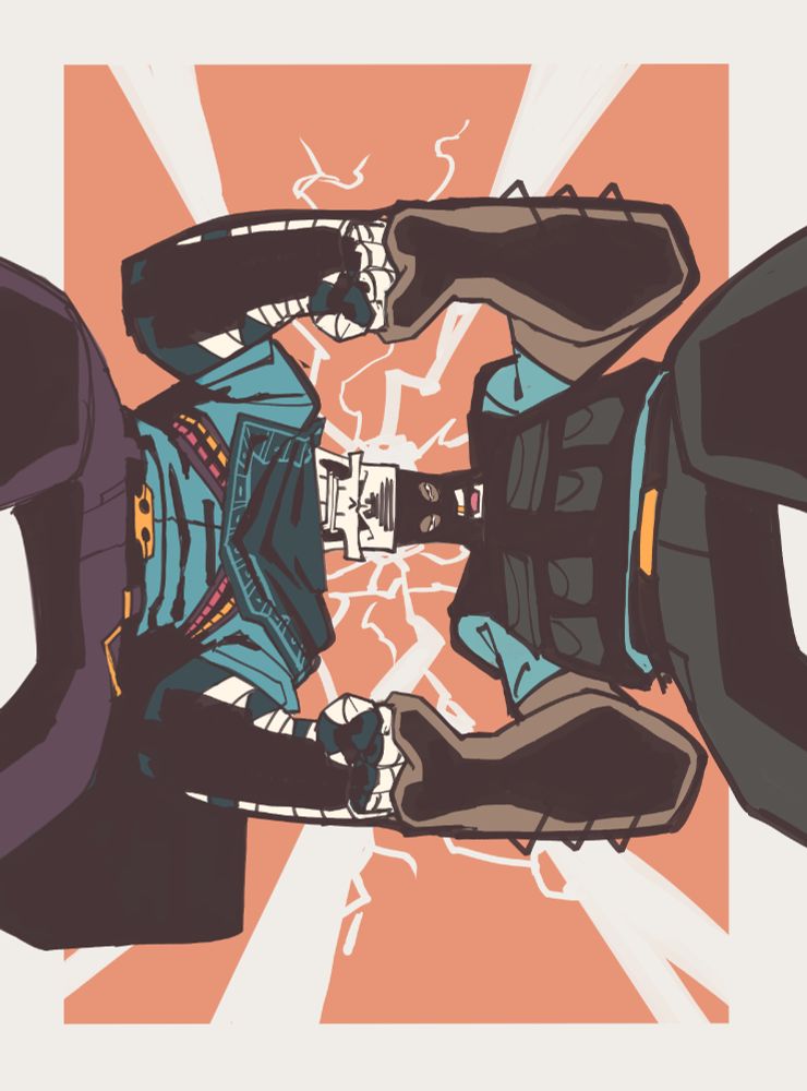 ToastyGhostey's Butch and Frank have a reasonable discussion, headlocked with shattered glass or something behind them. Probably reality cracking