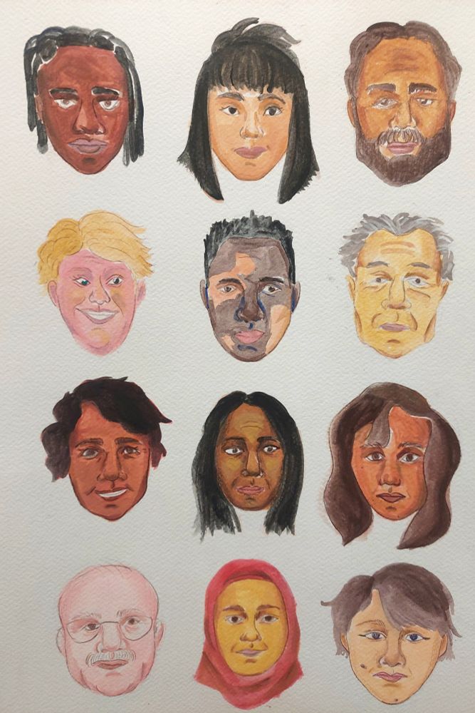 Illustration includes 12 portraits of individuals diverse in appearance. There is also a variety of facial expressions. Individuals are diverse in gender, race, ethnicity, and ability. 