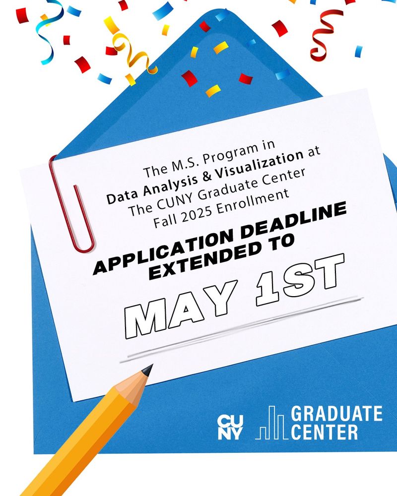Deadline Extension announcement to May 1st for the M.S. Program in Data Analysis and Visualization Program at the CUNY Graduate Center Fall 2025 Enrollment.