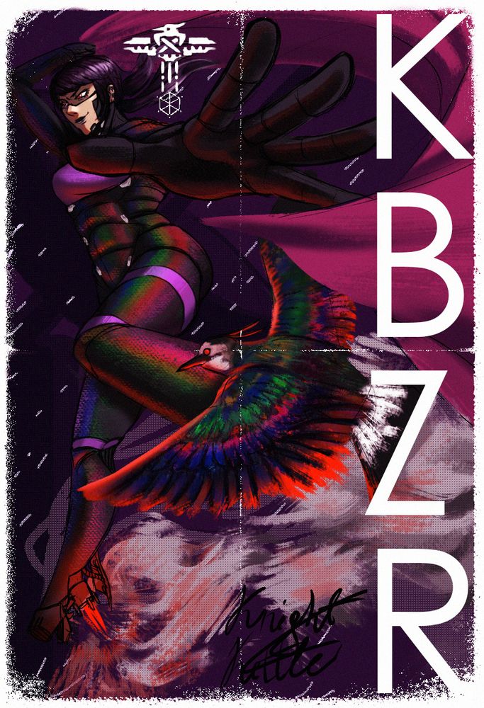 A poster of Kiebtz "KBZR" Signalis oc Replika with a northern lapwing flying beside her. Fire and smoke are emitted from her modified legs as she casts her cape away with a menacing expression.