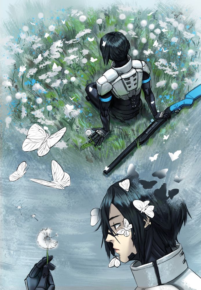Fanart of Elster from Signalis. On top of the image she is seen from top-down angle from behind, sitting in a field of white yarrows, dandelions and blue forget-me-nots. Her left hand has a dandelion inbetween her fingers, her right is resting on the nitro express rifle. White butterflies fly in the field. On the bottom of the image there is Elster from profile view, her expression exhausted, holding a half-blown dandelion with its seeds floating off. Her face is covered in butterflies. Back of Elster's head is dissolving away into more butterflies. 