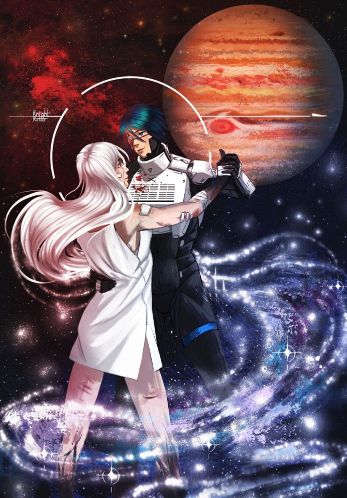 digital painting of Elster and Ariane dancing in space. Jupiter and silhouette of Penrose ship is seen on the background, as well as a wide variety of nebulas, stars and galaxy. Elster is bleeding and Ariane is deeply ill, but in this moment in time, they're both happy.