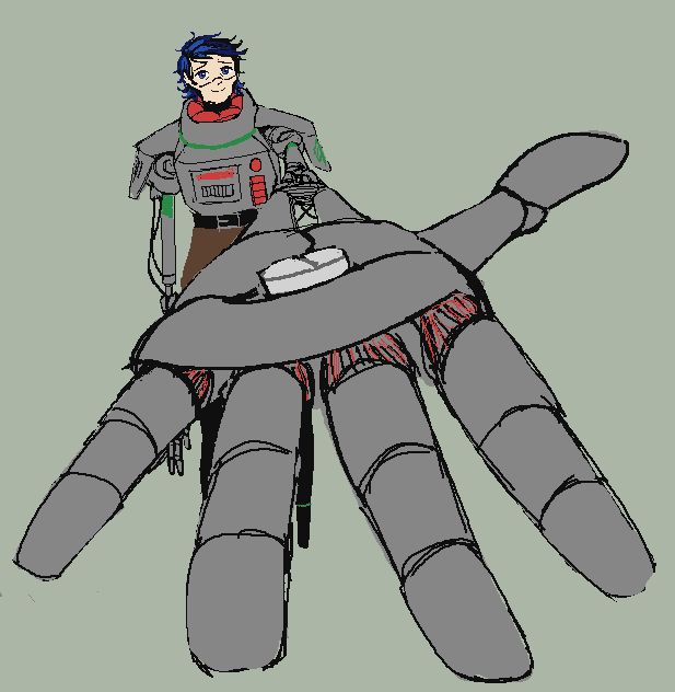 rough low resolution art of a Signalis oc, Geier Replika Stein. He outstretches his freakishly long robotic arm towards the viewer with a shy smile. In his metallic palm an ibuprofen pill 