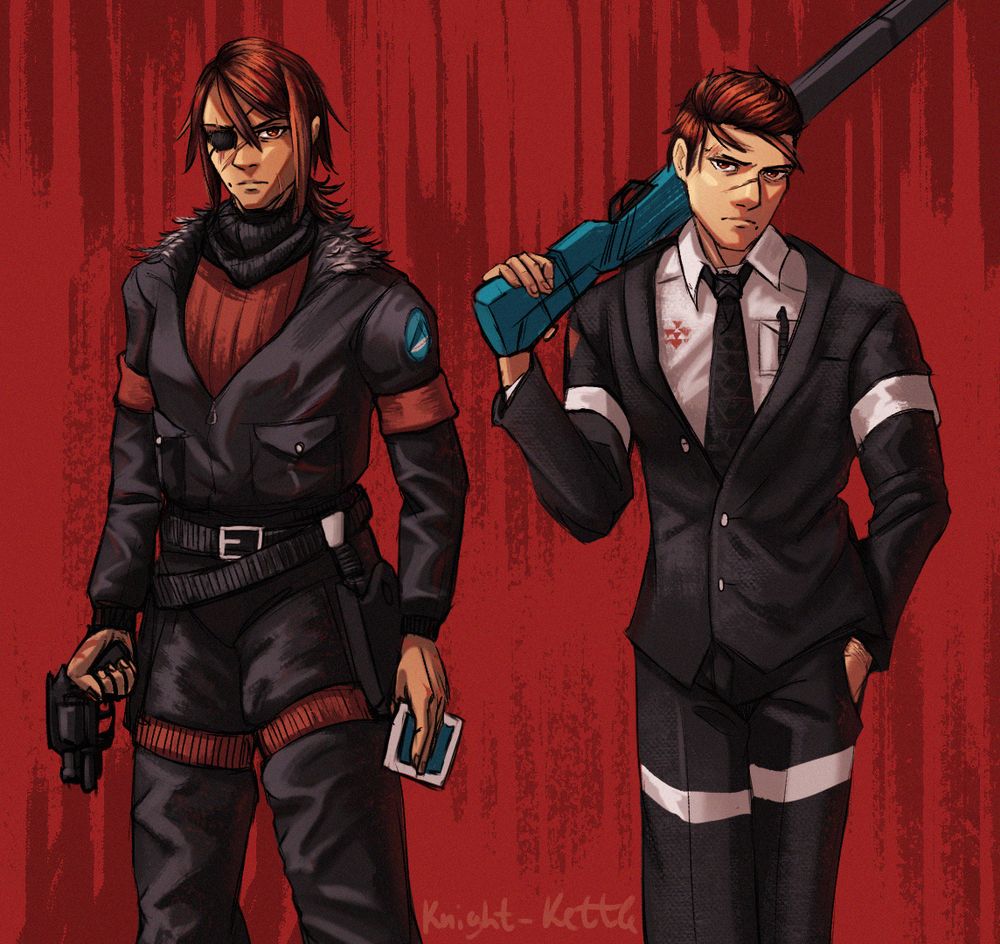 A digital drawing of Lilith Itou and Nikolai Nguyen wearing clothes - a pilot outfit with belts and an office suit - styled to look like Replika shells of Elster and Adler 