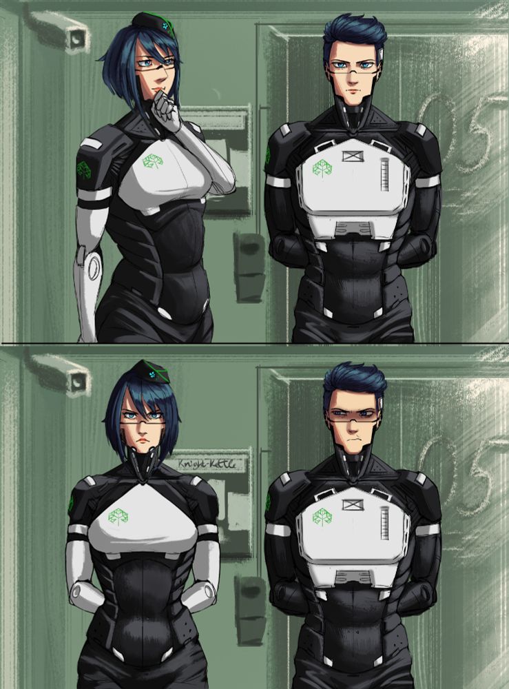 Signalis drawing with two panels, featuring an Eule, Myoti, and an Adler, Kurt. Former has her facility's logo on her chest and right shoulder, similar to an ADLR unit. 

On the first panel she has her hand to her chin, looking at him  standing with his arms behind his back, and a generally neutral but stern expression. She analyzes him.
On the second panel Eule assumes Adler's stance and facial expression. The latter is clearly incredibly annoyed at the development