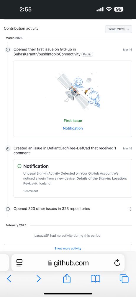 Screenshot showing the GitHub account opening 323+ similar issues in other repositories 