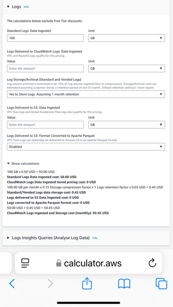 Screenshot of AWS price calculator for 100GB of standard logs