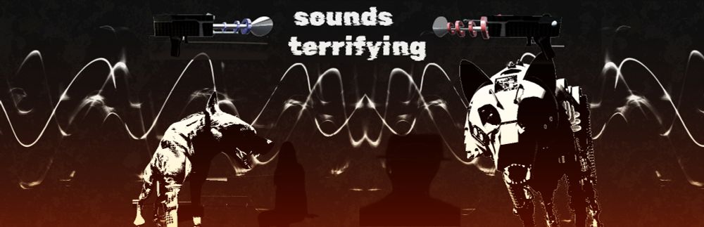 sounds terrifying banner in 2000s red black white metalheart style with wolf enemies and soundwaves