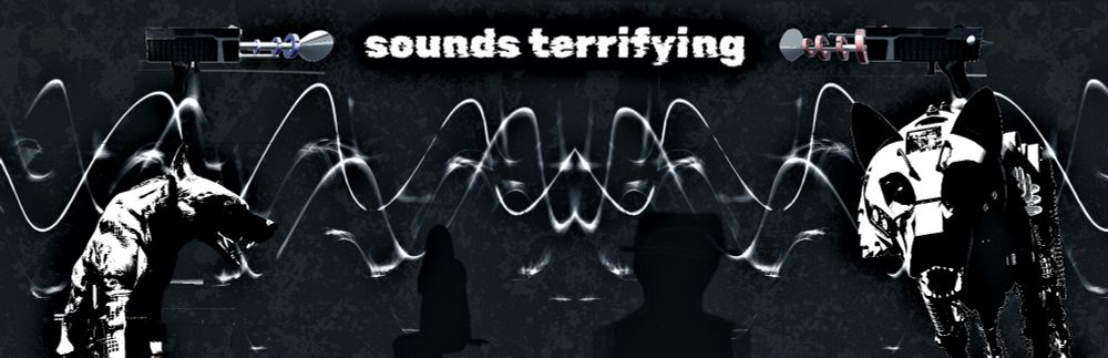 sounds terrifying game banner with dog enemies, soundwaves, black white navy blue palette