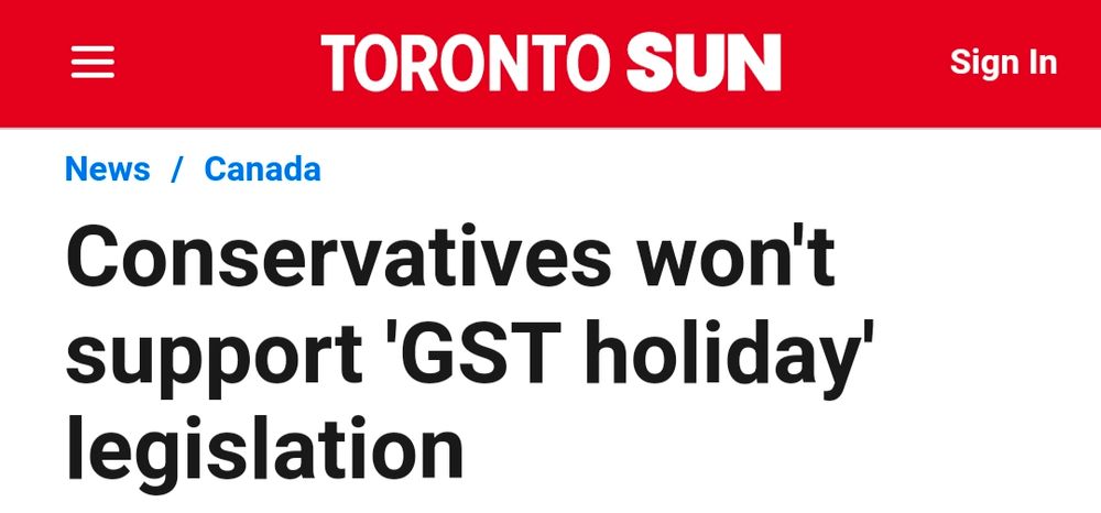 Toronto Sun News headline that says "Conservatives won't support GST holiday legislation"