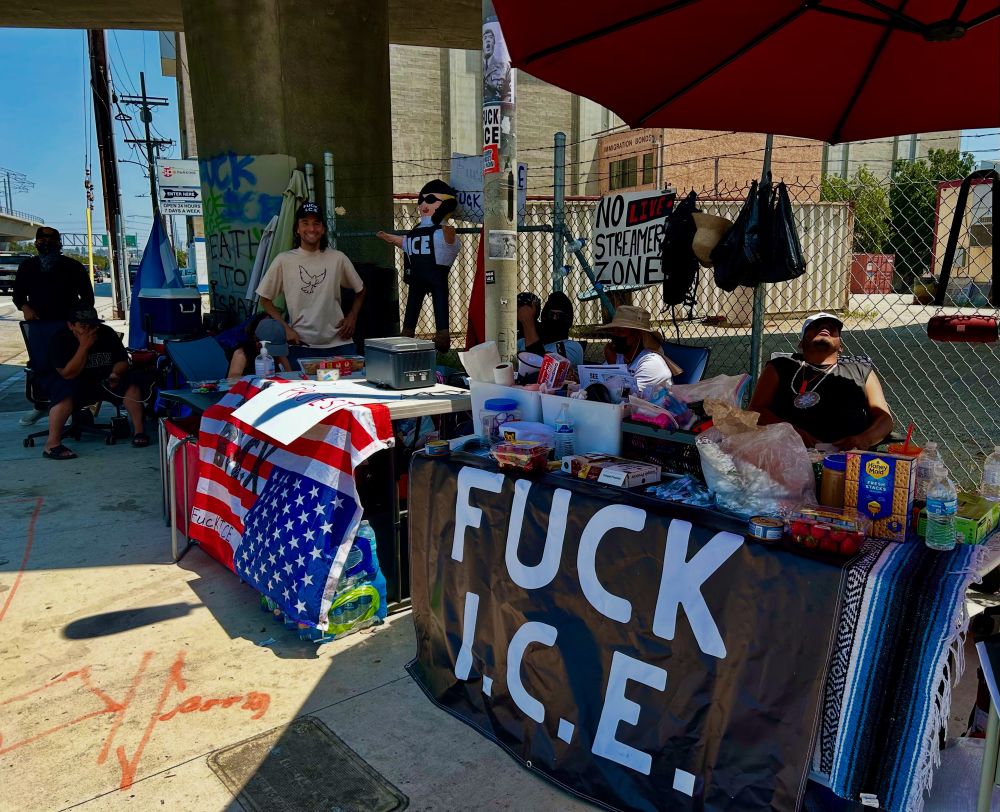 Photo of #iceoutofLA protesters across from the L.A. Detention Center with an upside down flag and a FUCK I.C.E. Sign. 