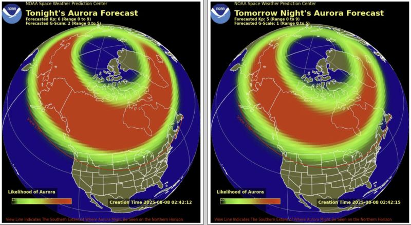 A graphic depicting a side by side view of planet earth showing tonight and tomorrow's aurora forecast with a red and green swath over northern North America.