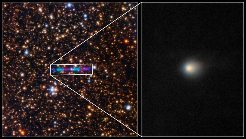 Left side showing a multicolored streak of light in a starfield, right side is close up on the fuzzy object.
