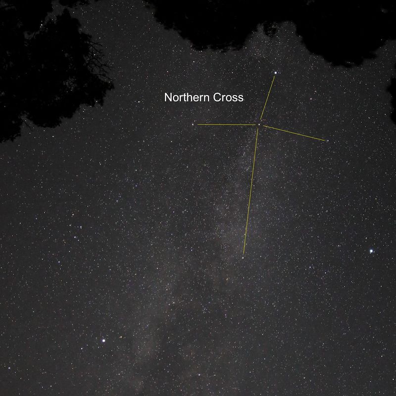 Star field with a hint of Milky Way and 5 stars have lines to them indicating a pattern of stars that resemble a cross.
