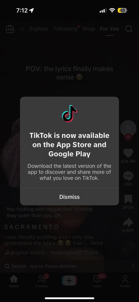 Opening notice on TikTok that reads “TikTok is now available on the App Store and Google Play, Download the latest version of the app to discover and share more of what you love on TikTok.”