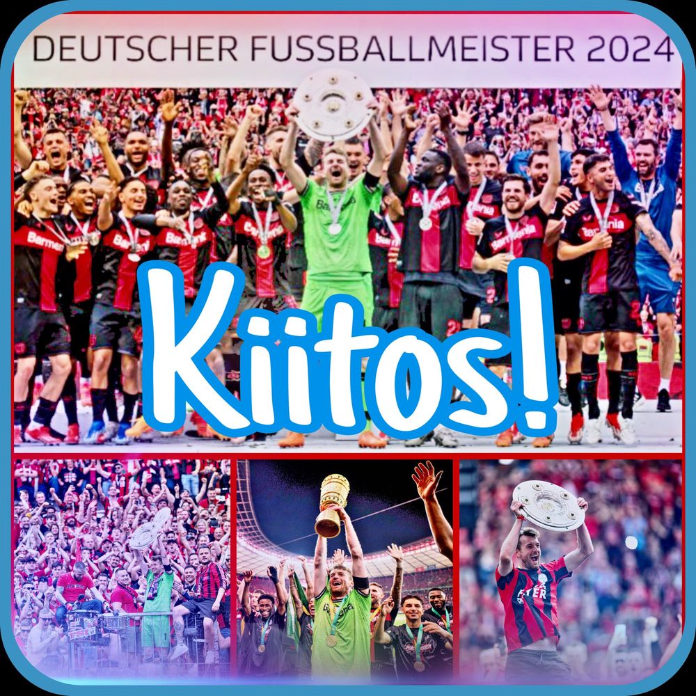 Das Bild zeigt mehrere jubelnde Szenen rund um Lukas Hradecky, Torwart von Bayer 04 Leverkusen, der im Mittelpunkt steht.

Oben: Die Mannschaft von Bayer Leverkusen feiert geschlossen auf dem Spielfeld den Gewinn der Deutschen Meisterschaft 2024. Hradecky, in einem leuchtend grünen Torwarttrikot, steht zentral, hebt die Meisterschale über den Kopf und lacht, umgeben von jubelnden Mitspielern in schwarz-roten Trikots.

Unten links: Hradecky steht vor den Fans, hebt erneut die Meisterschale hoch, während um ihn herum viele Menschen feiern und Fahnen schwenken.

Unten in der Mitte: Hradecky hält strahlend den goldenen DFB-Pokal hoch, während sich mehrere Mitspieler um ihn scharen, ebenfalls mit Medaillen um den Hals.

Unten rechts: Hradecky in schwarz-rotem Trikot hebt die Meisterschale triumphierend hoch, umringt von feiernden Fans im Hintergrund.

In der Mitte steht in weiß-blau, den Farben der finnischen Nationalflagge,: „Kiitos!“ („Danke!“ auf Finnisch)

Die Gesamtstimmung des Bildes ist voller Freude, Stolz und Triumph – es zeigt Lukas Hradecky als zentralen Anführer in einem historischen Erfolg von Bayer 04 Leverkusen.