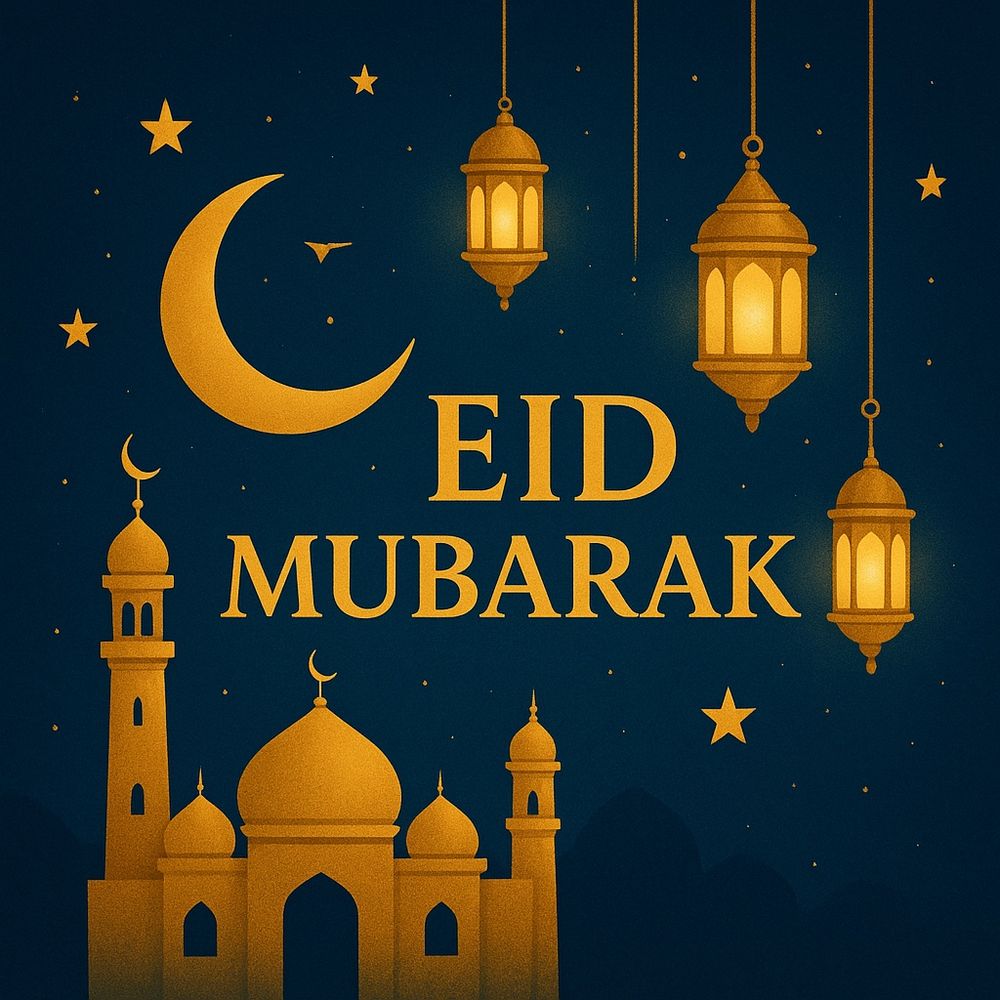 This image is a festive greeting card for Eid, featuring the text “EID MUBARAK” prominently in the center.