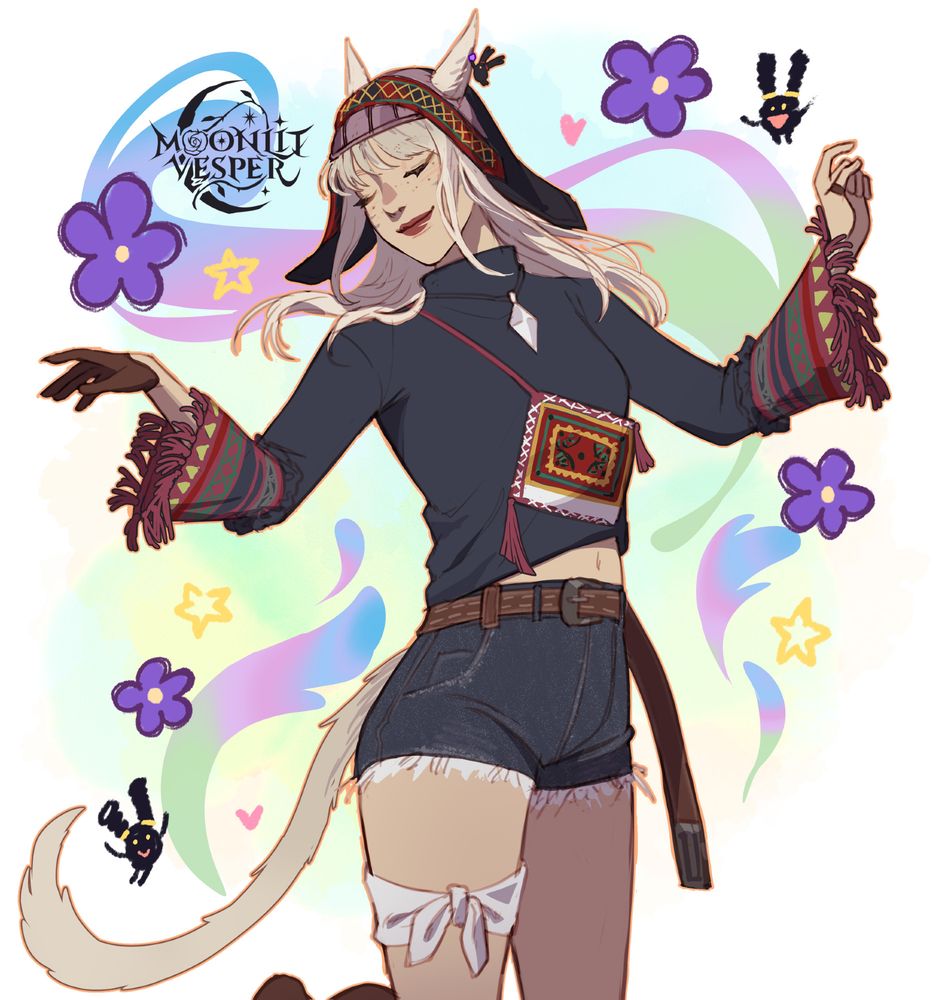 A digital illustration of a pale girl with cat ears and long, light blonde hair. She has a light spattering of freckles on her face. She is wearing a long sleeved black top with intricate, red, green and yellow patterns on the forearms of the sleeves. A similarly coloured bag is strapped to her, hanging midway down her torso. A bit of her stomach is exposed under the top. She wears a cutoff pair of denim shorts with a thick leather belt that hangs partially free on bottom, a small piece of white fabric is wrapped around her right leg. On her head she wears a hat with similar patterns to her top, allowing her cat ears to peek through. One ear has an earring depicting a little fuzzy black creature with a gem. A necklace with a large white crystal hangs around her neck. She stands with her eyes closed, head turned to one side. Her arms are raised, up as she dances along, seemingly conducting swirls of colour behind her. Also in the background, there are similar fuzzy creatures and some purple flowers.