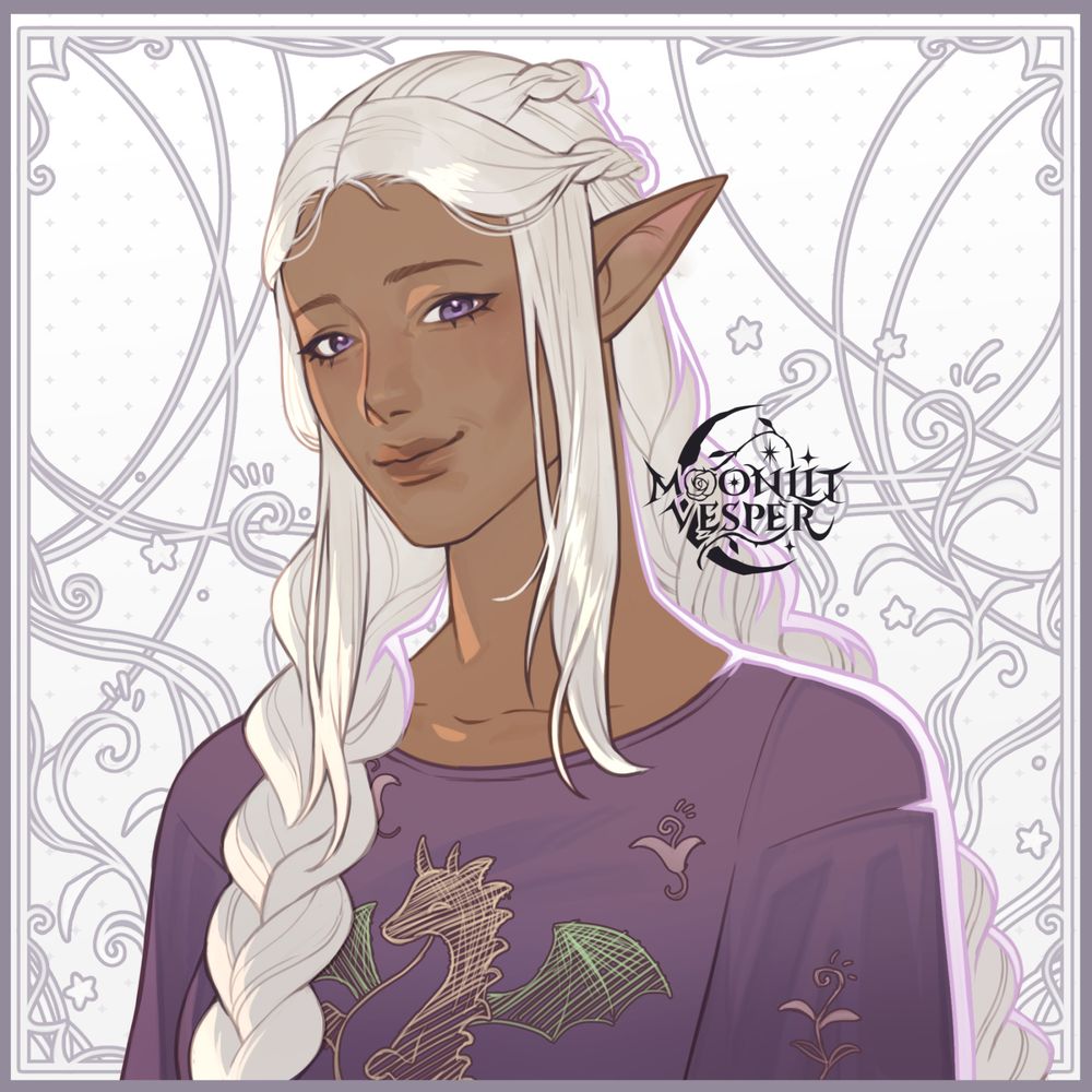 A digital portrait illustration of a tan woman with pointed elf ears. She has long white hair that is tied up in two braids, one resting in front of her, the other is behind her. She is looking at the viewer with her soft purple eyes, a gentle expression on her face with a slight smile. She is wearing a purple top embroidered with the image of a dragon on the chest, as well as some plants elsewhere. There is a simple background consisting of outlines of vines, plants and stars.