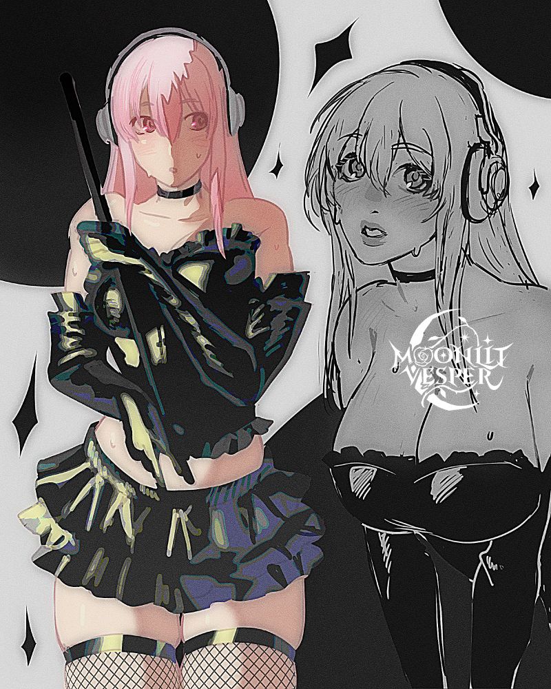 A digital fanart illustration of the character Super Sonico. A shapely woman with long pink hair and a pair of silver headphones on her ears. She is depicted twice in the image. The left, she is posing with an umbrella. She is wearing a black outfit with a  sleeveless ruffled top and a very short skirt, with fishnet thigh highs. The right is monochrome depicting her again, closer. She leaning forward in the same outfit looking somewhat flustered at the viewer.
