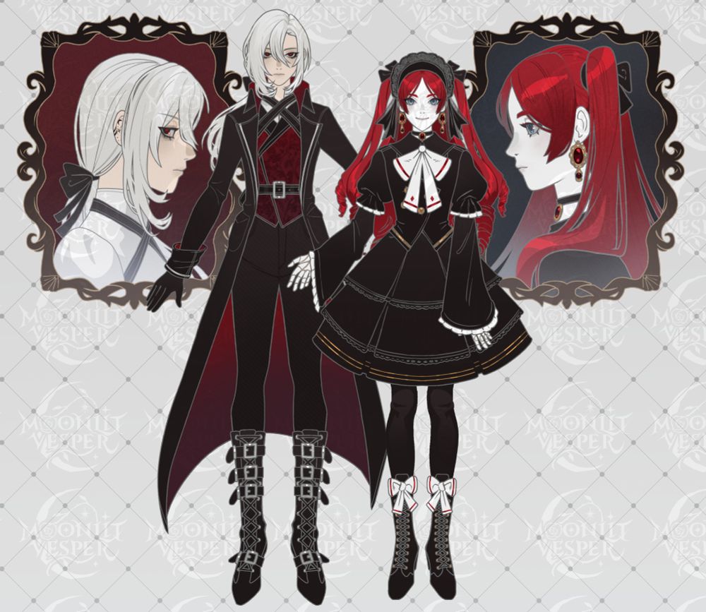A digital illustration of a pair of characters dressed in victorian gothic clothing. On the right is a blue eyed, doll character with long red hair in twintails, wearing a black dress. The character on the left has long white hair in a ponytail and red eyes. They are dressed in a red vest, with a long black coat over top, black pants and black boots with several straps and buckles on them. Behind them are portraits of the same characters in profile. The doll looks straight to the left, while the white haired character’s eyes are shifted to look at the viewer.