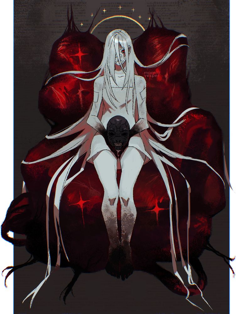 Artwork of Ariane Yeong from the video game Signalis. The deathly pale woman is wearing a white dress. Her whole body is covered in white bandages and her feet and hands fade into a necrotic black. She sits atop a bulbous mound of flesh that resembles a throne, her long, white hair draped all around her. A yellow, halo-like band and stars are above her head. Ariane stares at the viewer with a single red eye exposed from behind her hair. In her lap she holds a severed Replika head with no skin. Parts of the image appear corrupted and pixilated, faded text appears in the background.