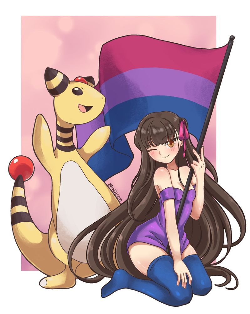 Digital illustration of a anime styled female characters with long brown hair kneeling in an enticing manner as she winks at the viewer. She is holding a pole with a biseuxal pride flag on it. She is wearing a purple mini dress, blue thigh high socks and a pink ribbon in her hair to match the flag. Next to her is the poke Ampharos posing with excitement. 