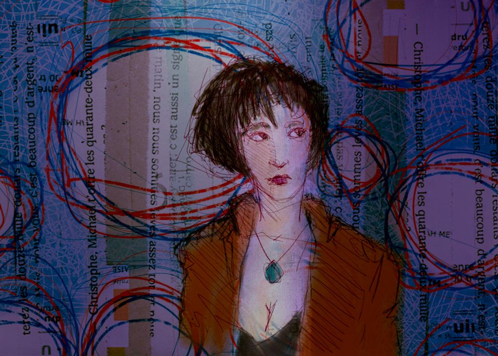 Femme réalisée au stylo bille, mise en couleurs e manipulation/ajout graphique (collage de bandes de papiers imprimés)/incrustation d’une précédente réalisation digitale dans Procreate