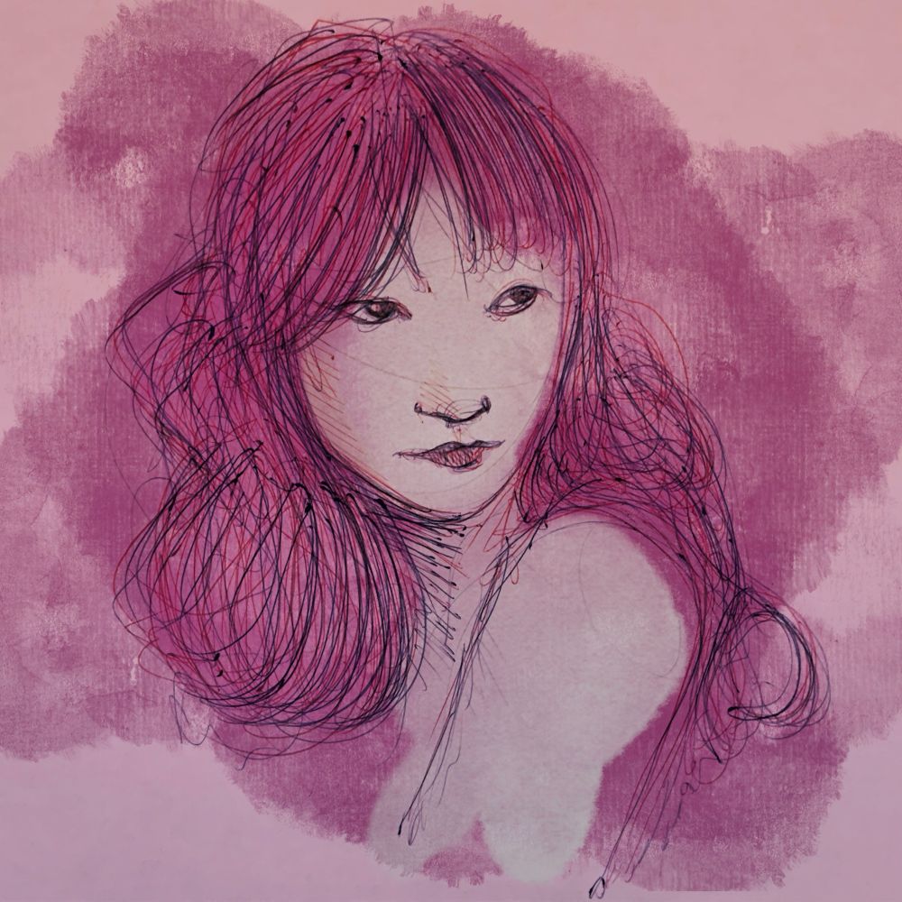 Visage de femme asiatique exécuté au stylo bille et mis en couleurs à l’aide de Procreate