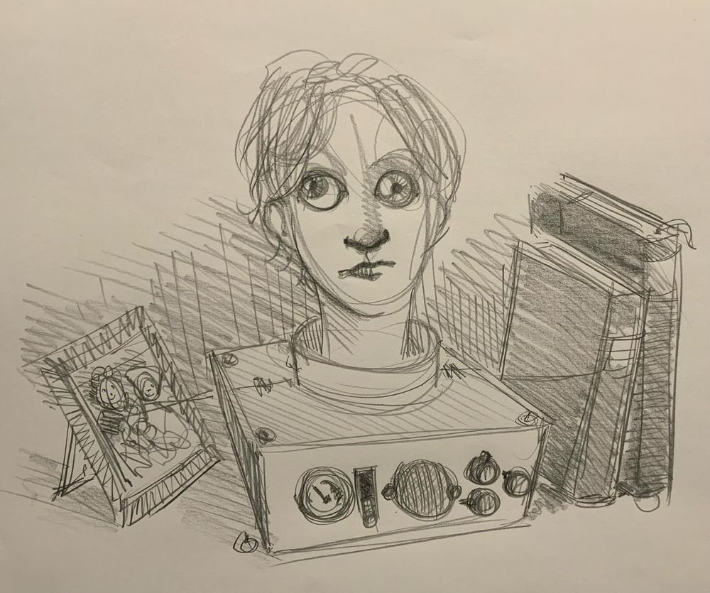 Dessin d'une tête (les yeux sont bizarres) posée sur un espèce d'ampli - entourée d'un cadre et deux livres. Le tout comme posé sur une étagère.
Dessin au crayon mine