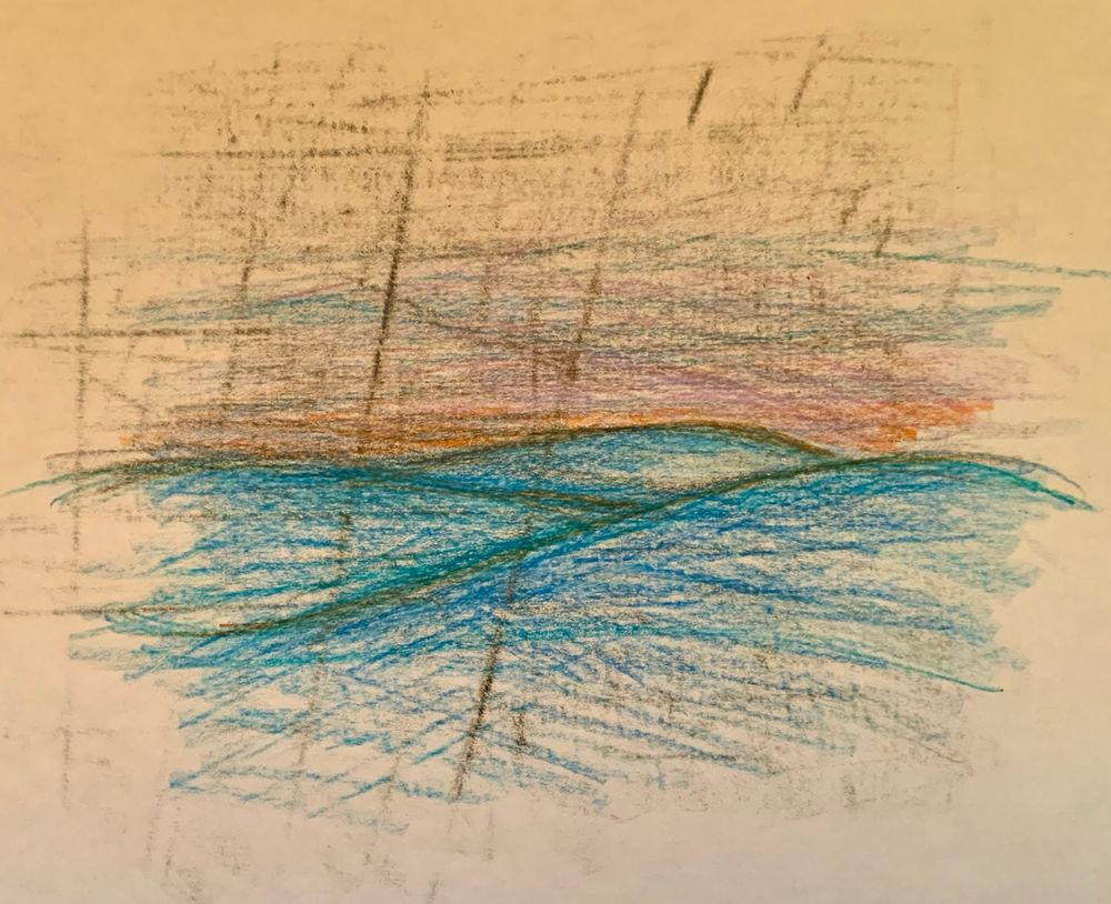 Mer agitée (?), trois vagues bien marquées sous un ciel noir violet orangé, des lignes verticales symbolisant la pluie.