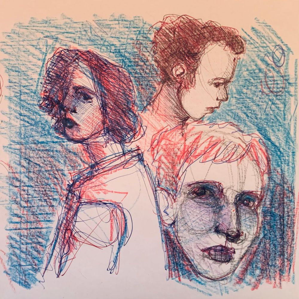 Plusieurs visages, différentes émotions exprimées - stylobille + Crayola (crayon cire)