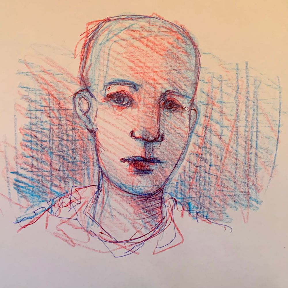 Visage homme chauve - stylobille et crayola (crayon cire)
