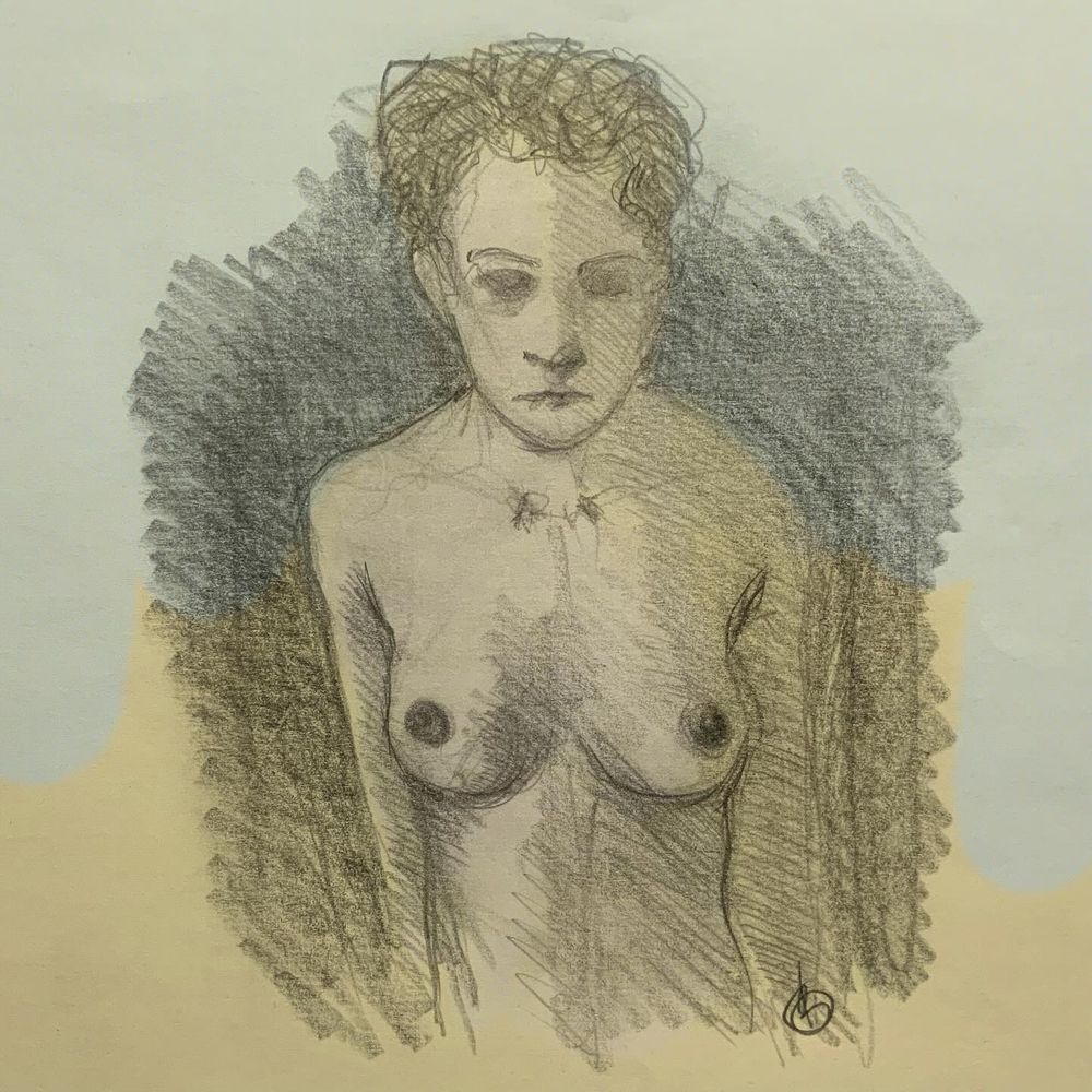 Femme,  buste nu, réalisée au crayon mine.
Mis en couleurs à l'aide de Procreate.