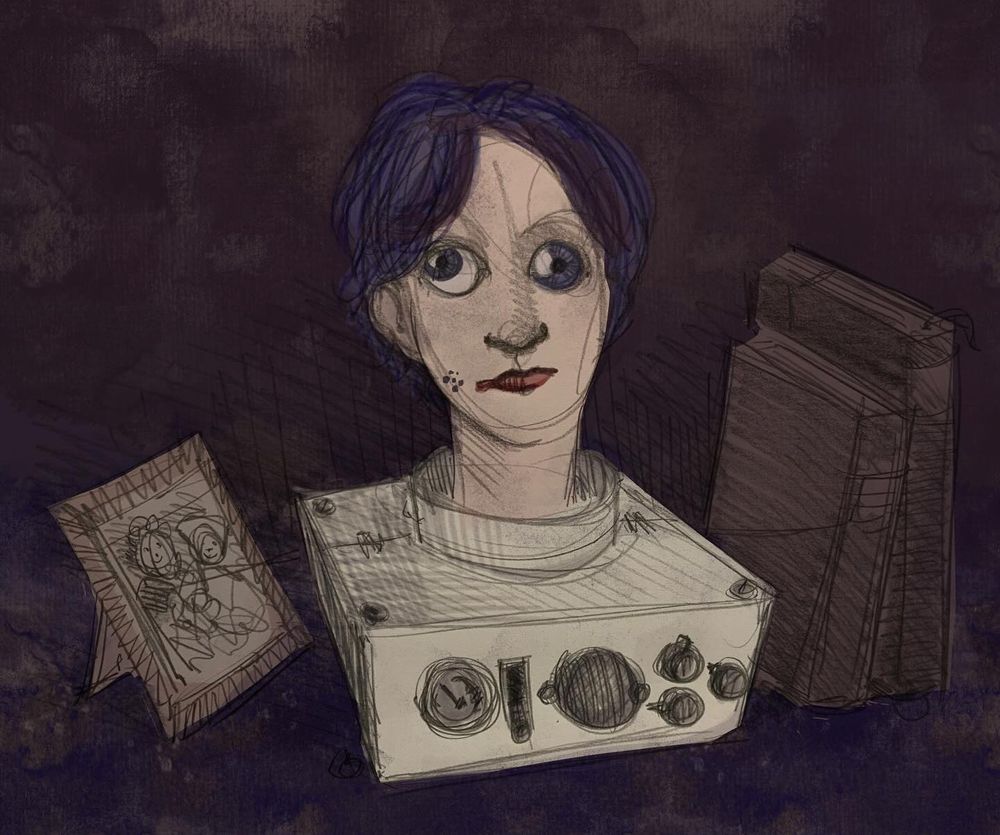 Dessin d'une tête (les yeux sont bizarres) posée sur un espèce d'ampli - entourée d'un cadre et deux livres. Le tout comme posé sur une étagère.
Dessin au crayon mine mis en couleurs à l'aide de Procreate.