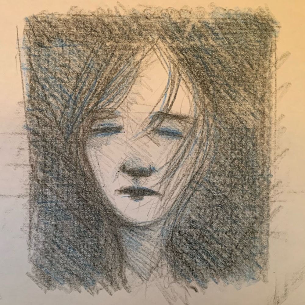 Visage de femme endormie réalisé au crayon cire Crayola noir et bleu.