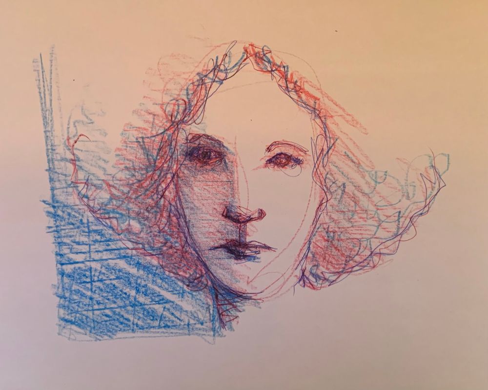 Portrait féminin réalisé au stylo bille et crayola - crayon cire