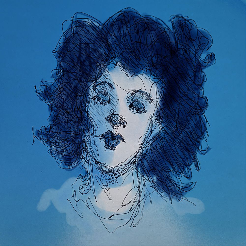 Portrait bleu de femme bleu, endormie réalisée au stylo bille et mis en couleurs à l’aide de Procreate.