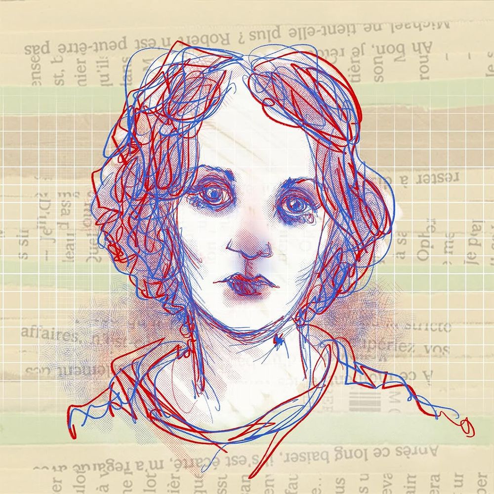 Portrait de femme réalisé à l'aide de procreate.
Dominante de bleu et rouge