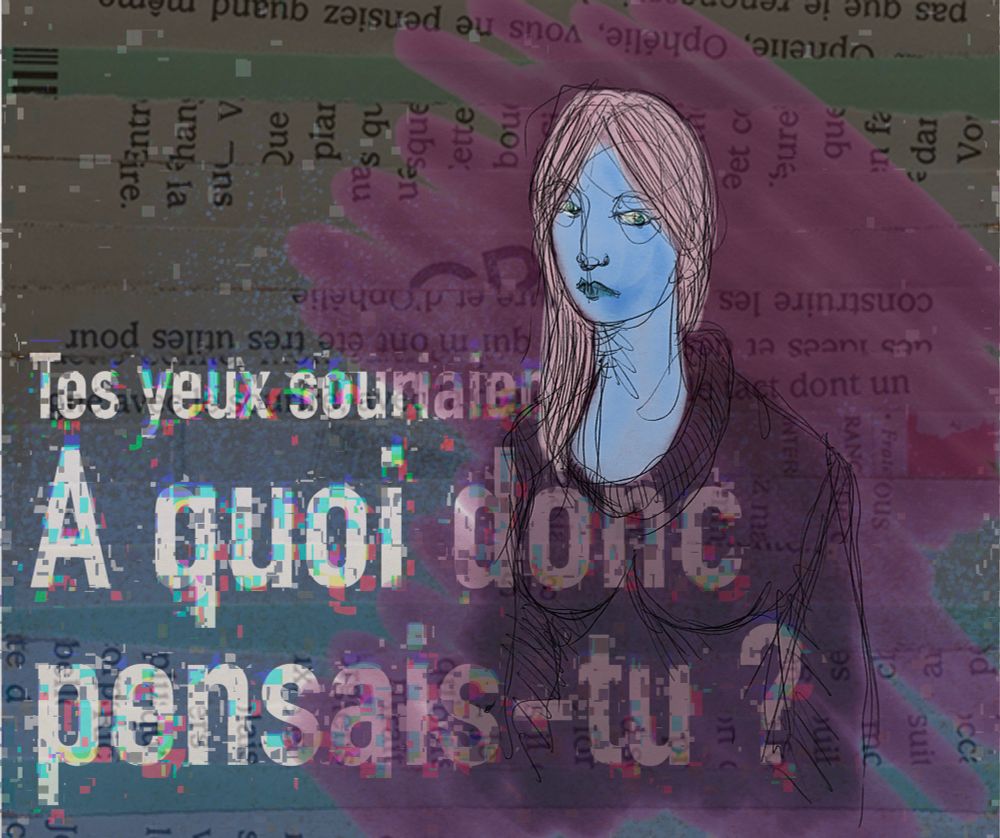 Dessin (femme) réalisé au stylo bille et mis en couleurs /manipulation et ajout graphique (ancien travail digital) à l’aide de Procreate