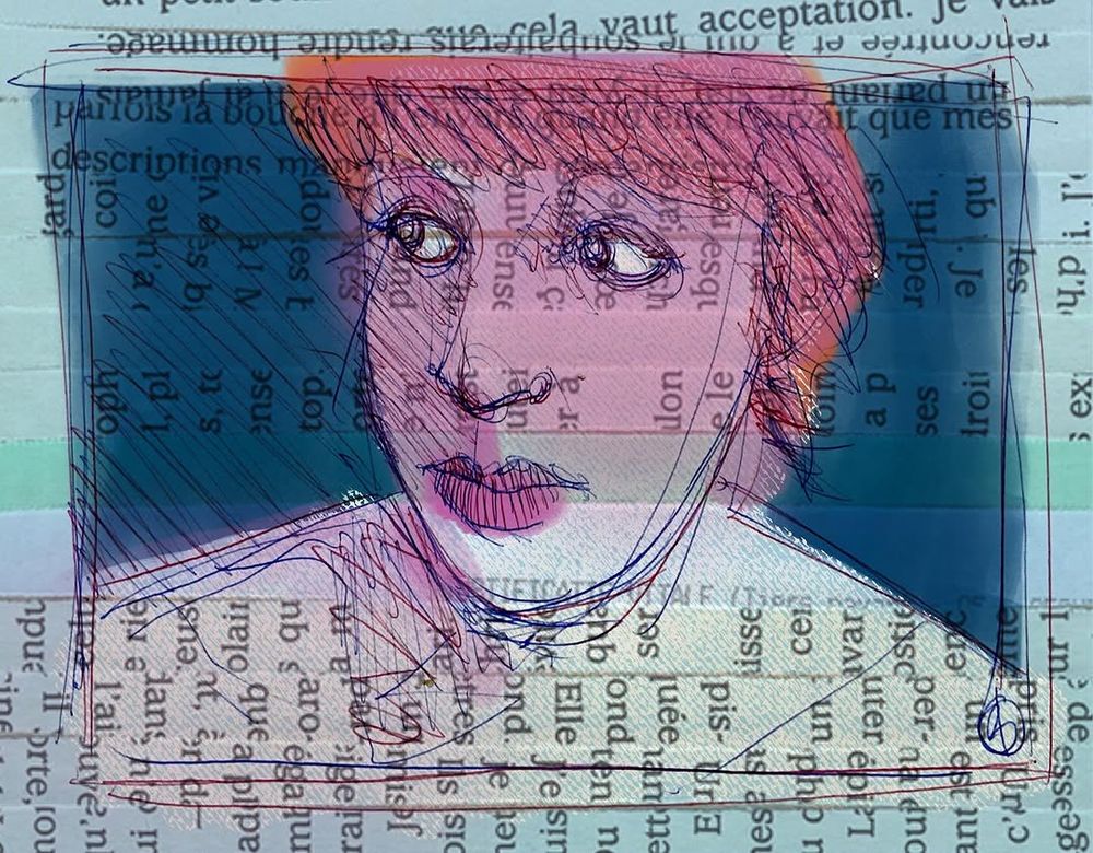 Portrait réalisé au stylo bille et mis en couleurs / manipulation graphique & insert d'un précédent travail digital à l'aide de Procreate