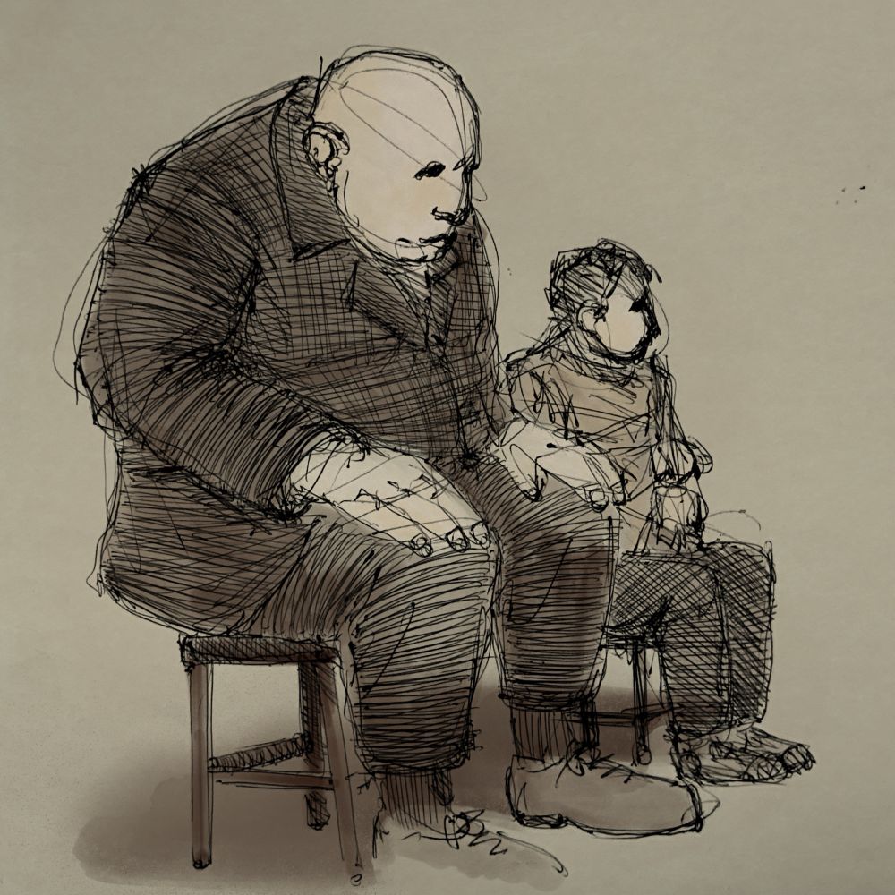 Deux personnages assis sur des tabourets.
L’un des deux est très très grand.
Tracé au stylo bille et mis en couleurs - palette de gris bruns -à l’aide de Procreate.