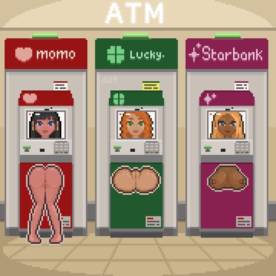 ATM stand in a public area with floor tiling. Underneath the ATM sign are 3 booths, "Momo," "Lucky.," and "Starbank." Each one features a bright screen with live footage of the woman inside, a slot to insert one's card, and a PIN-entry system. A woman is stored in the first ATM box, with her naked rear end and legs exposed through a hole in the front. In the second, a woman's genital area is exposed through the hole, with her legs tucked inside the machine. In the last box, the hole exposes a woman's breasts, complete with silver nipple piercings.
