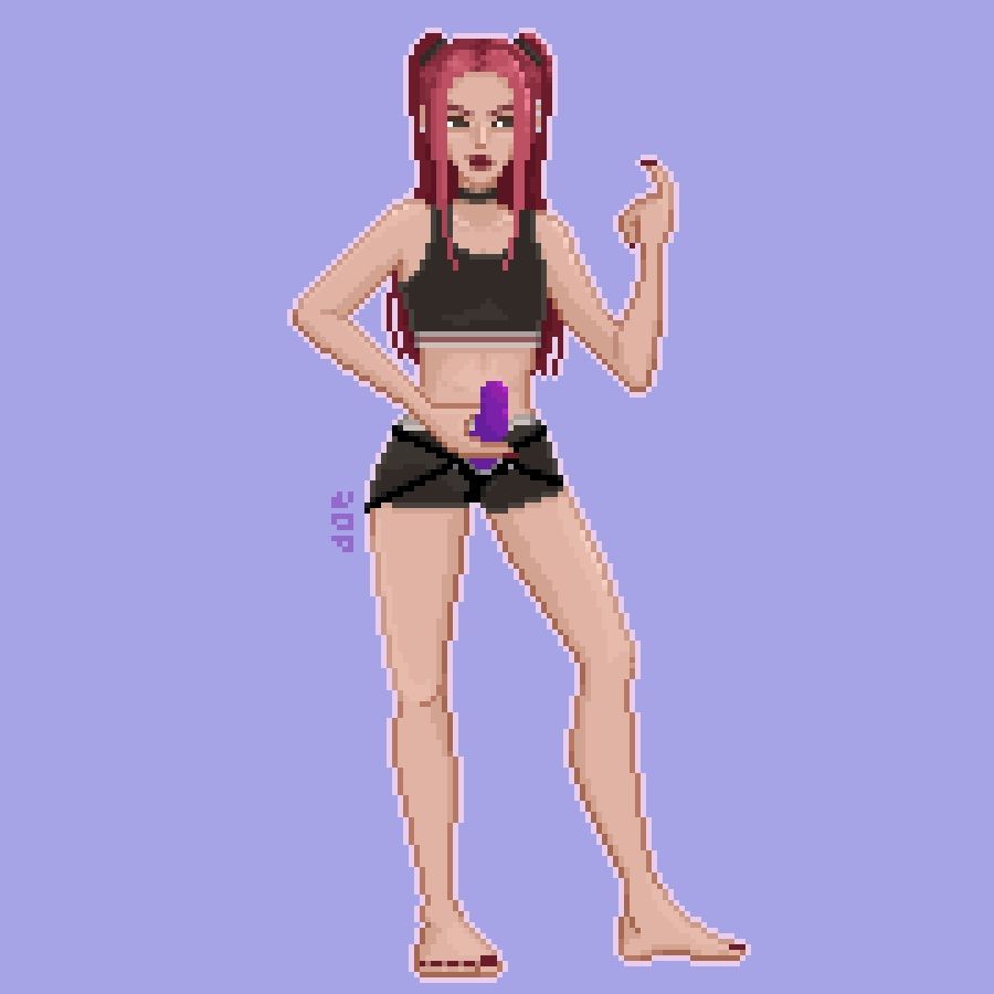 Pixel art of Mira from Kpop Demon Hunters, wearing a choker, a black sports bra, matching boxer shorts, and a strap-on fitted with a purple dildo. She is beckoning someone offscreen to come hither with a curled finger.