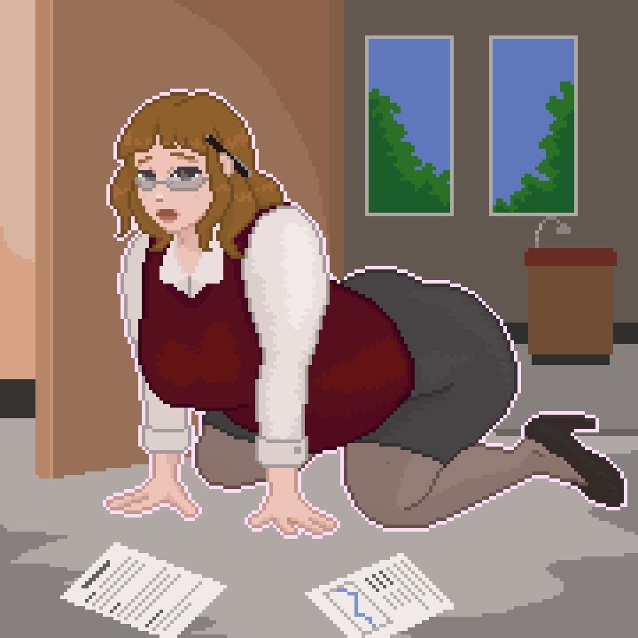 A curvy woman with reddish brown hair, freckles on her cheeks, and glasses is on all fours on the ground. She is wearing a white button-up shirt, a red sweater vest, a gray mini skirt, black pantyhose, and black pumps. Behind her, is the podium of the lecture hall where she teaches. She looks up at the viewer with an embarrassed face. Her papers, lecture notes, lie around her scattered on the floor. She has a grading pen tucked behind her ear.