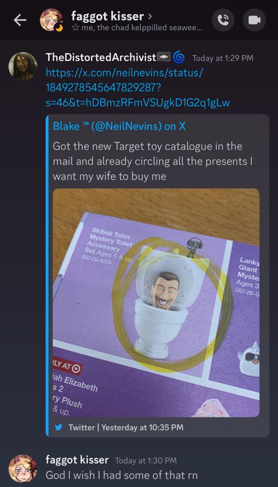 a discord dm. message one is from me, sending a tweet showing the skibidi toilet toy. message two is from cat spores, an out of context message saying "God I wish I had some of that rn [right now]"