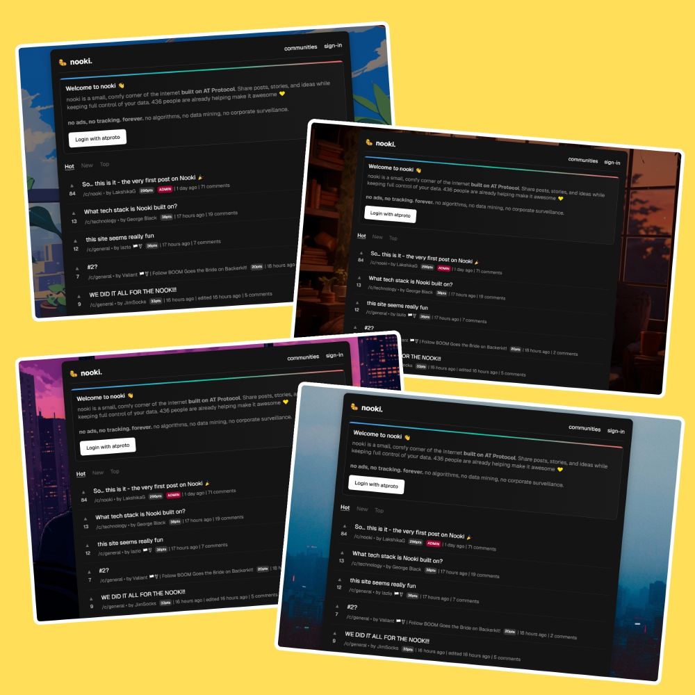 Four screens highlight nooki app variations, each adorned with distinct cozy backgrounds for a comforting atmosphere.