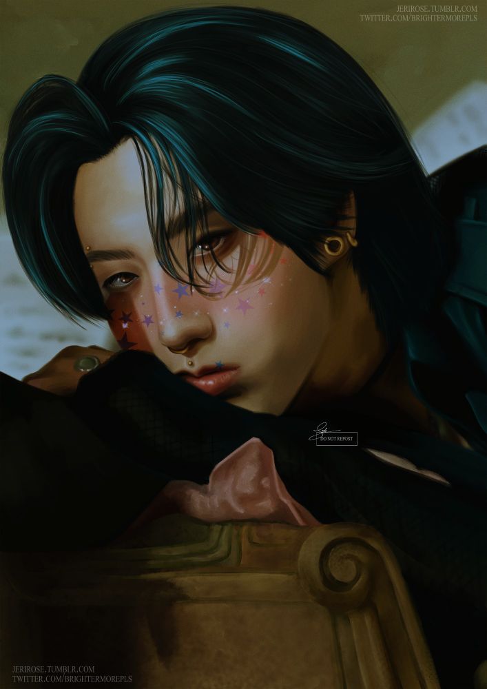 Digital realism painting of Han Jisung from Stray Kids. Han is resting his head on his left arm, with his right hand holding onto it loosely in front of his face. His cheeks are blushed with a rosy pink and his cheeks are peppered with little white glowing star freckles along side faded stars going from blue pink across them. Han is wearing copper coloured face jewellery  including, an eyebrow stud in his left brow, a septum ring, a medusa piercing, a tunnel in his right lobe and a small ring in his right lobe. Han's eyes are brown are he's looking instancy at the viewer. His hair is black with blue hightlights and he wears a black outfit which consists of a shirt with fishnet sleeves. Han's left arm is resting on a dusty pink pillow on the side of a dirty orange sofa arm. Behind him are two music sheets are blurred in the background in front of a beige wall.